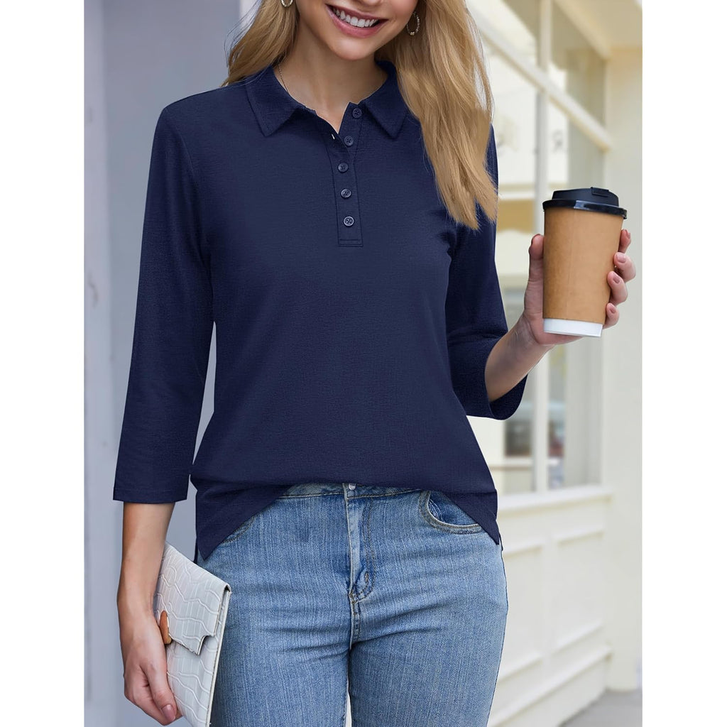 Women's 5-Button Cotton Polo Shirt Navy Blue