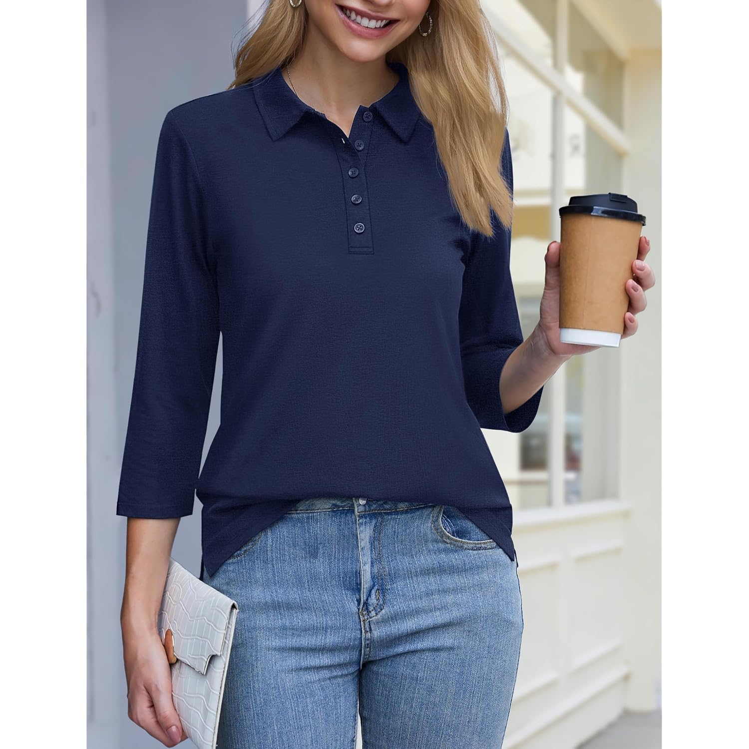 Women's 5-Button Cotton Polo Shirt Navy Blue