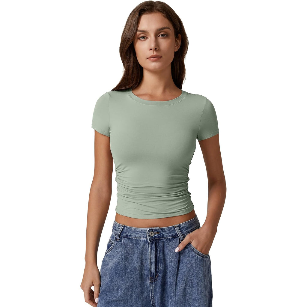 QINSEN Short Sleeve Shirts for Women Round Neck Basic Double Lined Tees Fitted Y2k Crop Tops