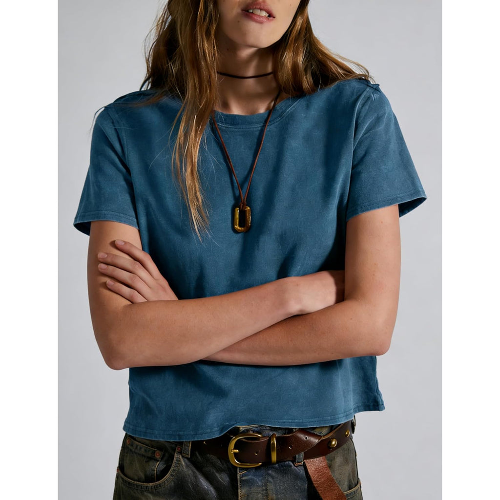 Vintage T Shirts for Women Casual Washed Cropped Tops Short Sleeve Cotton Tshirts Summer Basic Tees Trendy