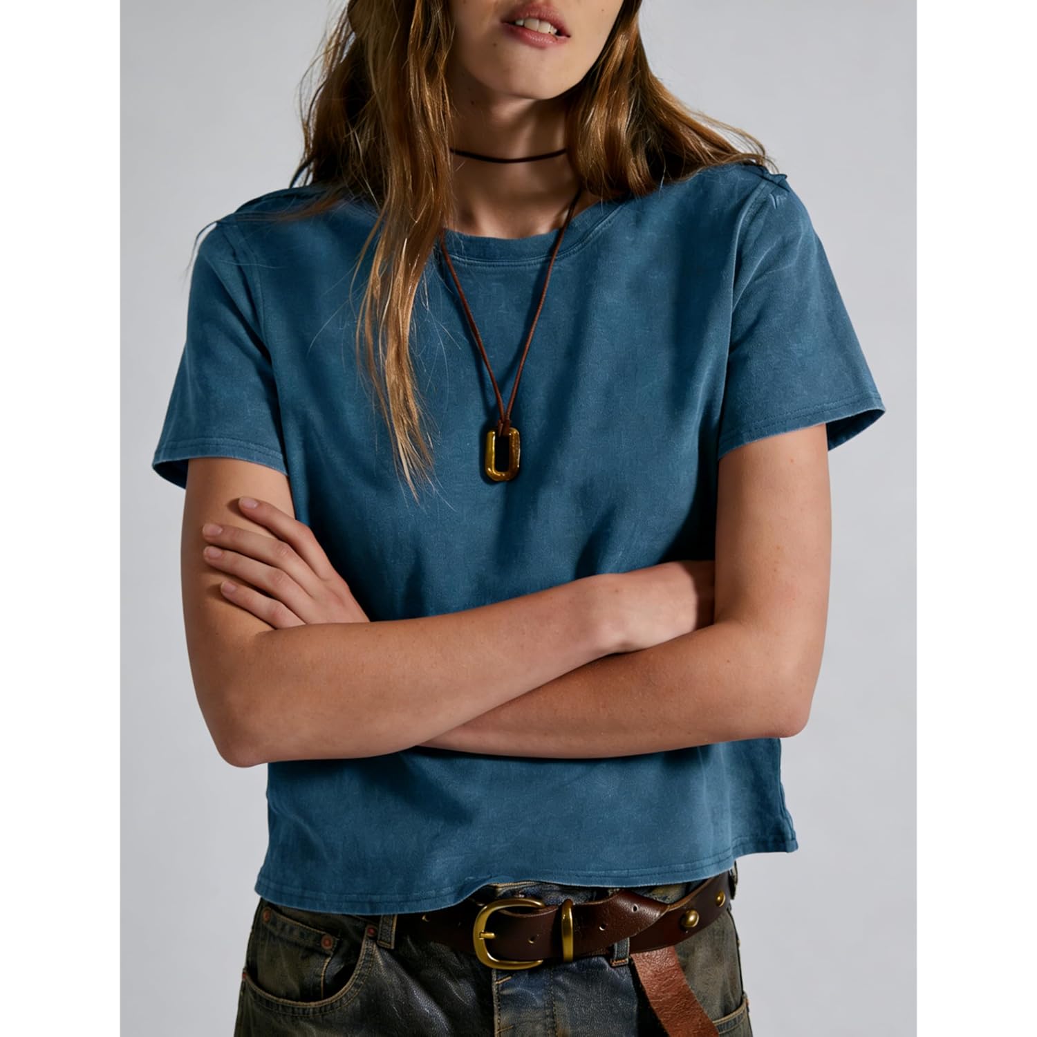 Vintage T Shirts for Women Casual Washed Cropped Tops Short Sleeve Cotton Tshirts Summer Basic Tees Trendy