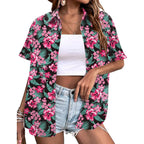 Women's Tropical Floral  Button Down Shirt Black Floral