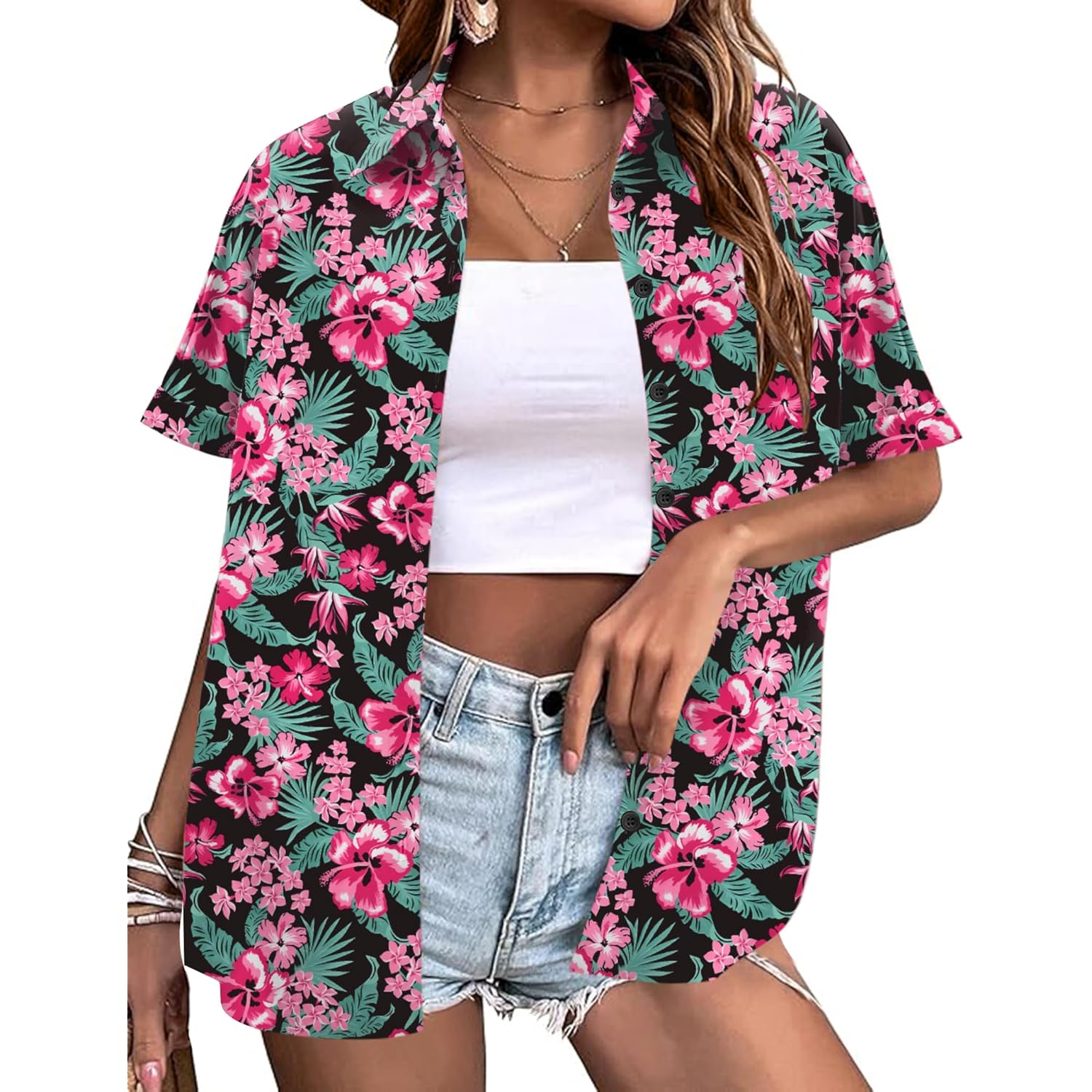 Women's Tropical Floral  Button Down Shirt Black Floral
