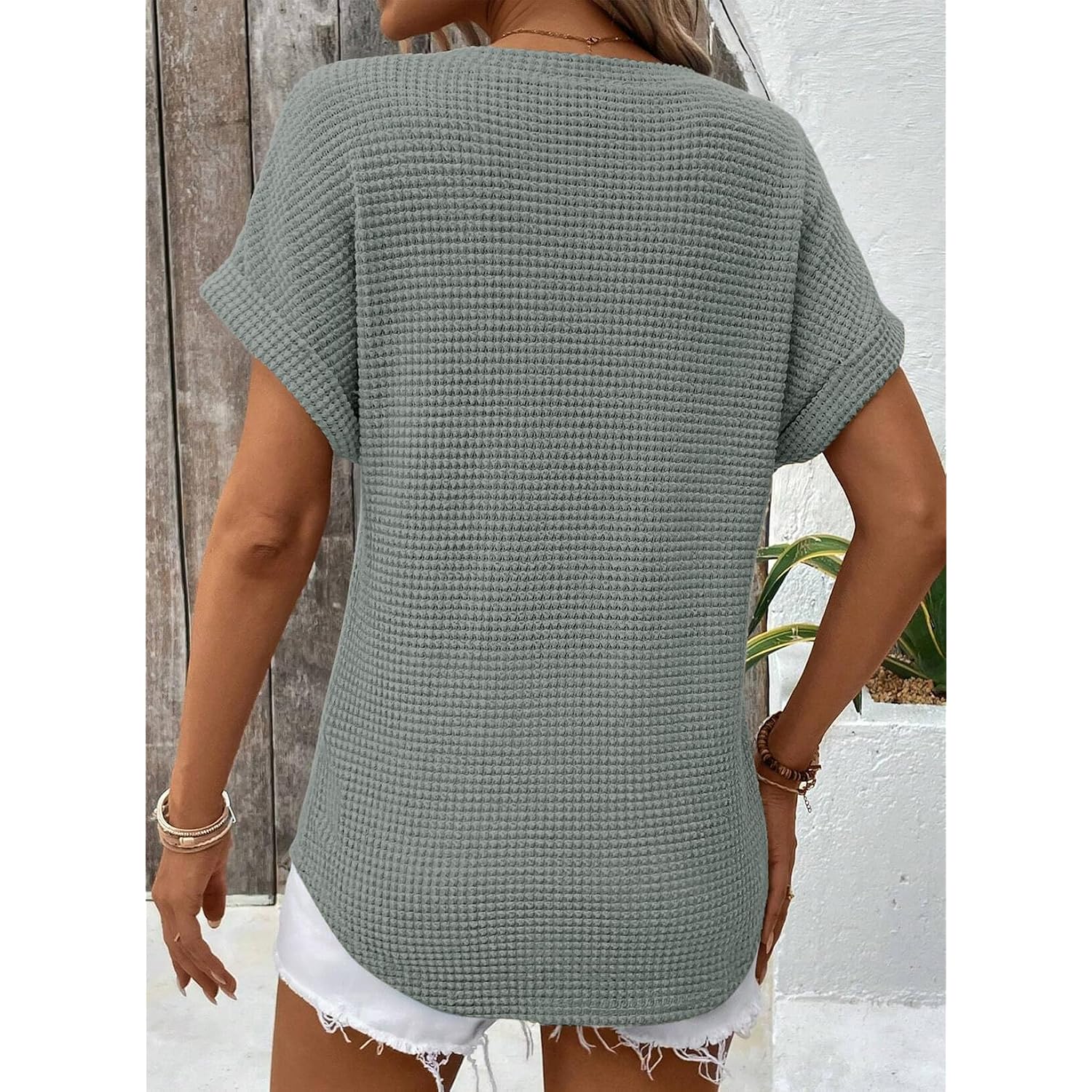 Dokotoo Womens Waffle Knit Tops 2026 Spring Summer V Neck Shirts Casual Trendy Women's Blouses Basic Tee