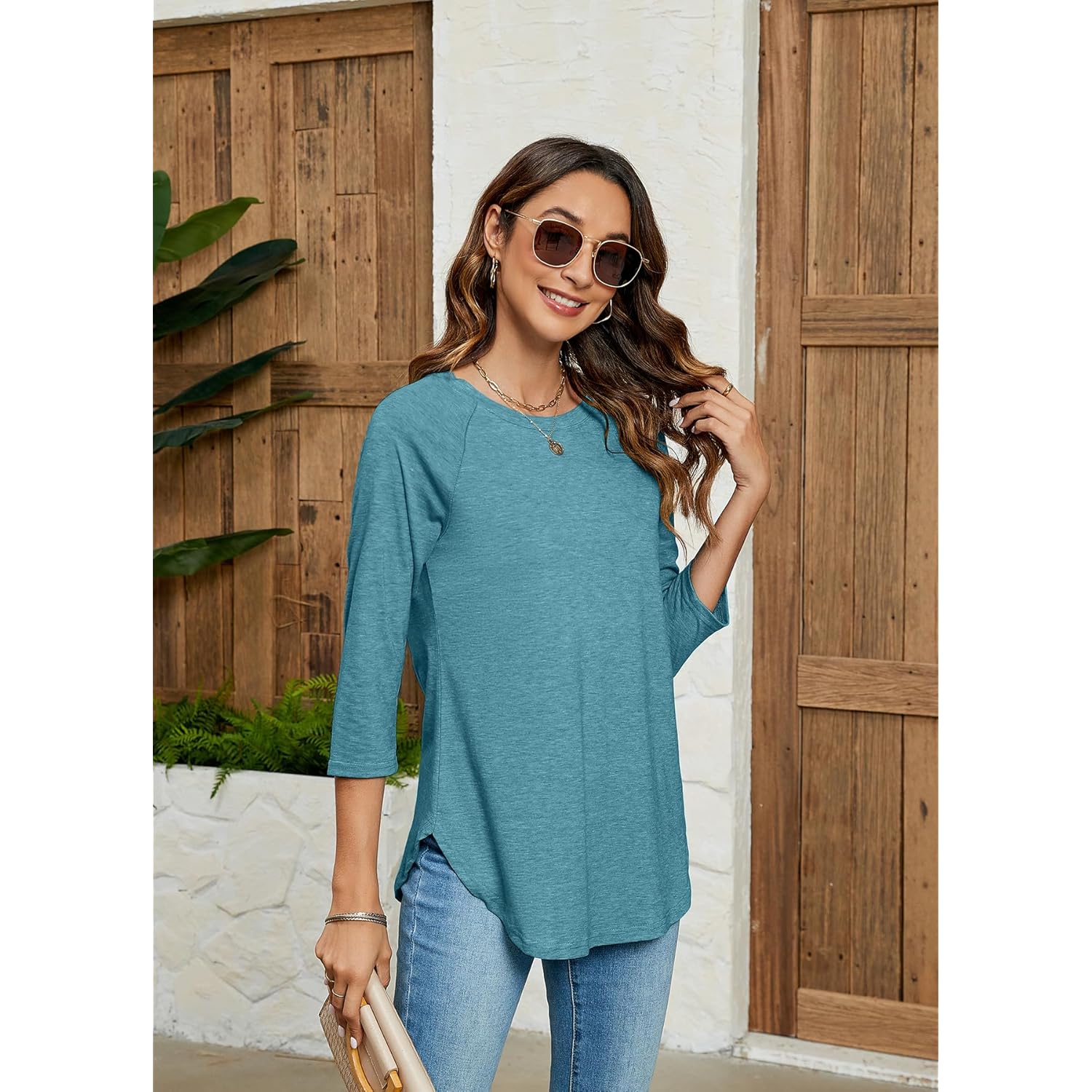Women's Basic Round Neck Tunic Top Blue/Green