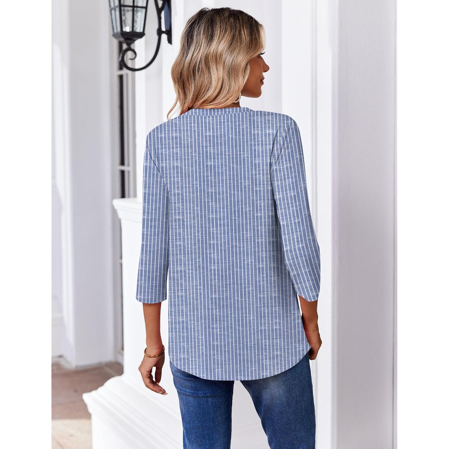 Women's Pleated Floral V-Neck Tunic Top Striped