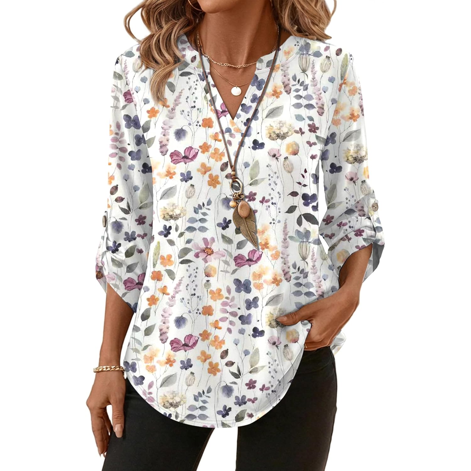 Women's Button Detail V-Neck Tunic Top White Floral