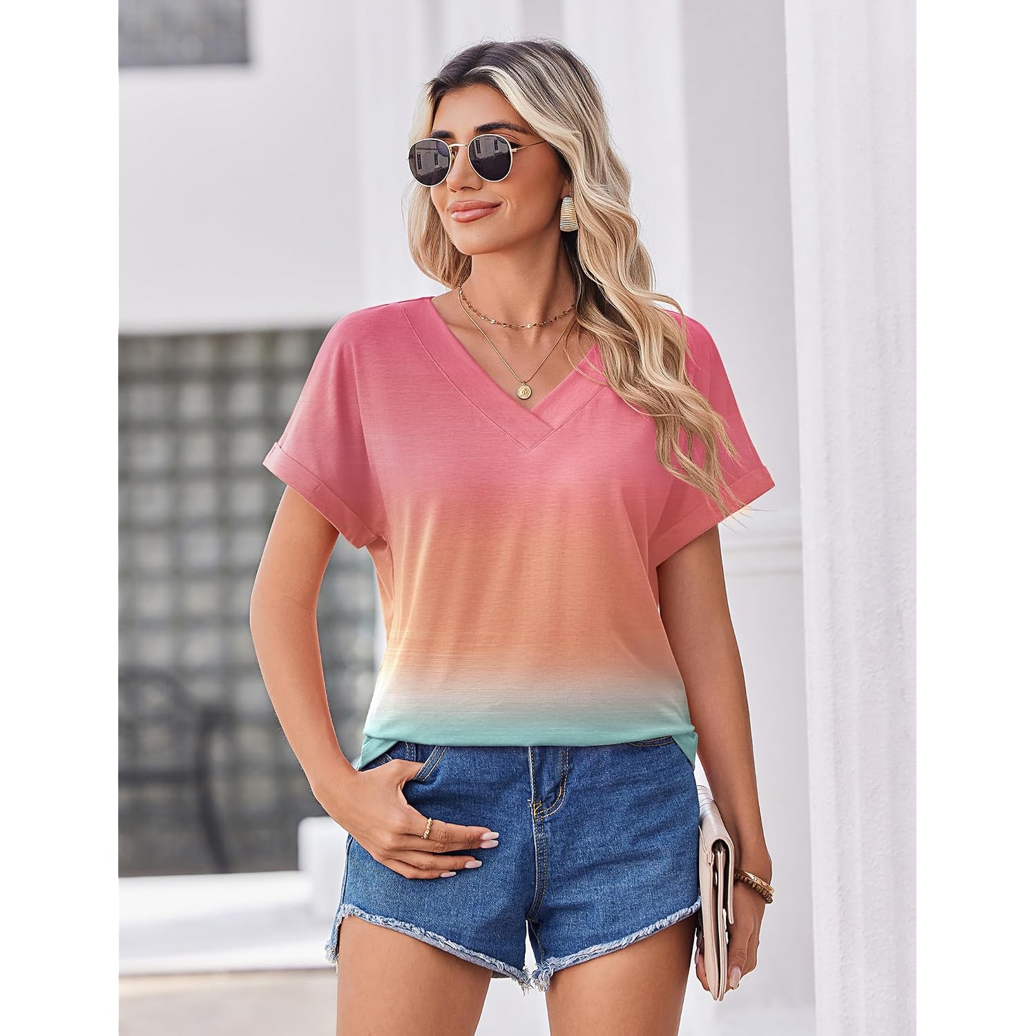 Zeagoo Womens Summer Tops Rolled Short Sleeve V Neck Shirts Casual Dressy Business Work Blouses Outfits
