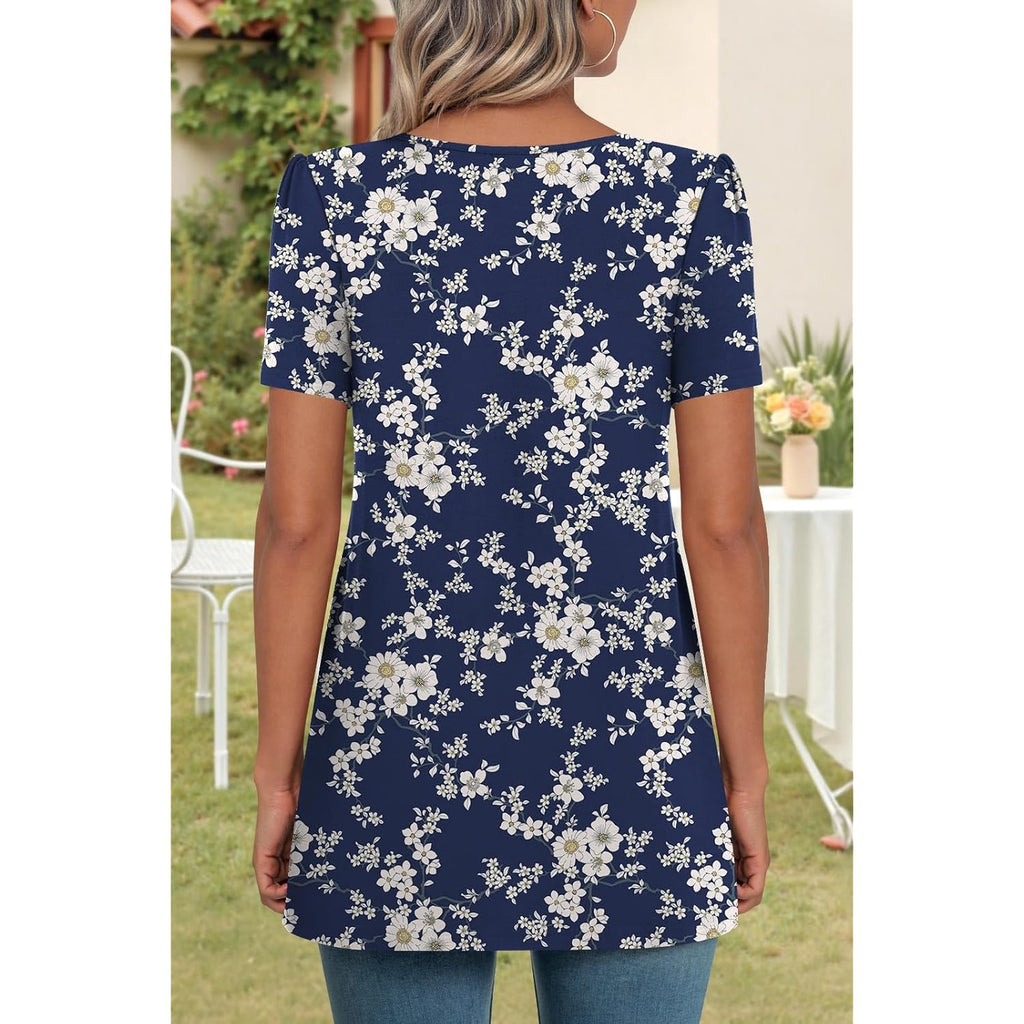 Women's Pleated Casual Tunic Top White Floret