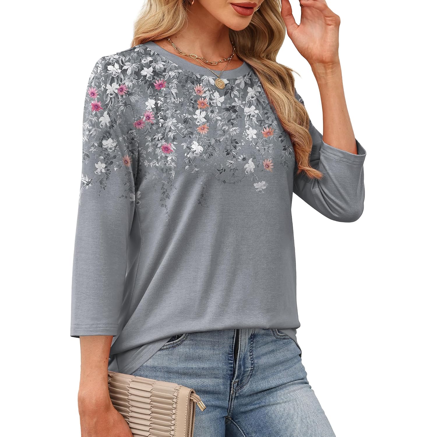 OFEEFAN 3/4 Length Sleeve Womens Tops Dressy Casual Blouses Crew Neck T Shirt Fashion Clothing Loose Fit