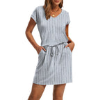 Women's Tie Waist Tunic Top Blue Vertical Stripes