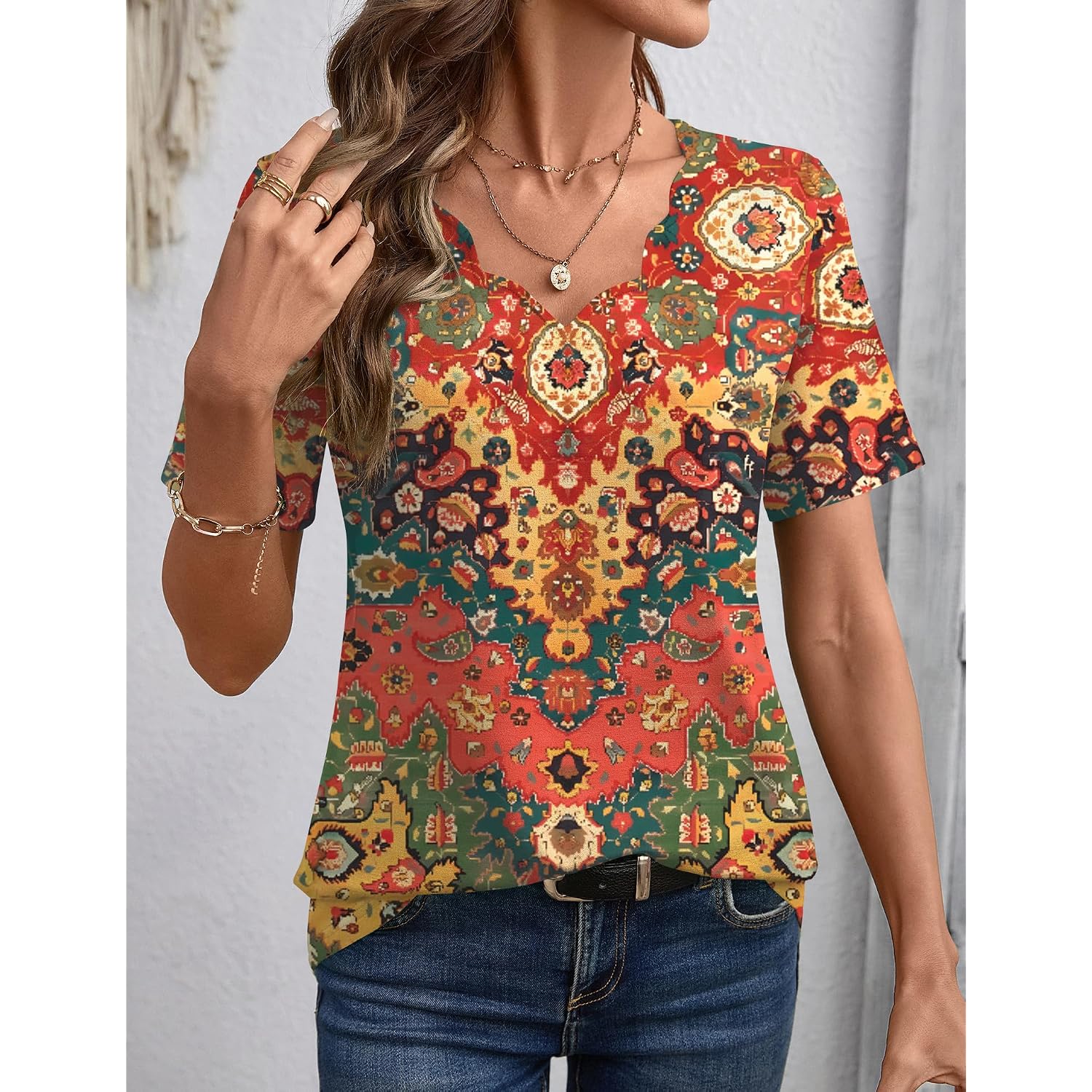 LOMON Womens Summer Tops V Neck Short Sleeve Shirts Dressy Casual Tunic Blouses Spring Fashion