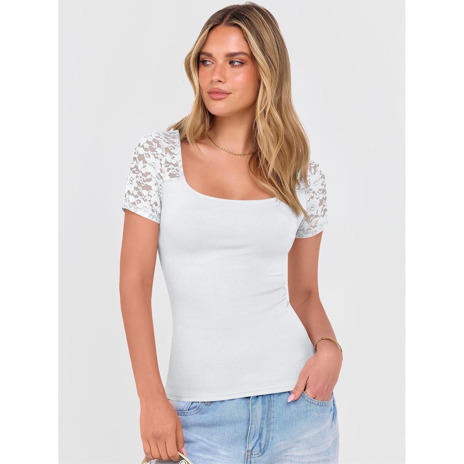 ANRABESS Womens Short Sleeve Shirts Scoop Neck Lace Going Out Tops Slim Fit Rib Knit Casual Tee 2026 Summer Fashion Outfits