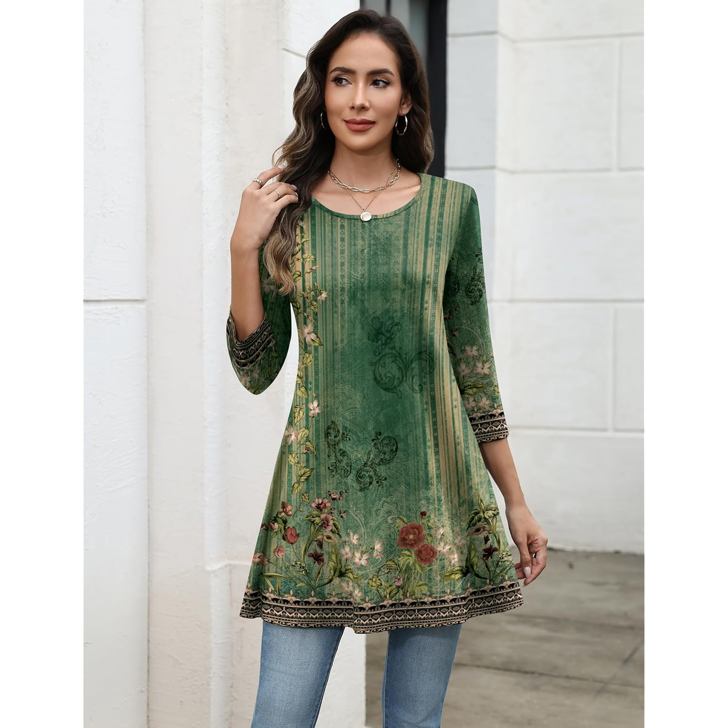 Women's Swing Flare Tunic Top Green Floral