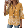 Women's Bohemian V-Neck Tunic Top Yellow Ethnic Print