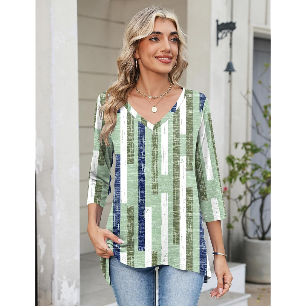 Women's V-Neck Flowy Tunic Top Green/White Plaid
