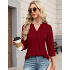 Women's Pleated Henley V-Neck Tunic Top Red