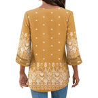 Women's Bohemian V-Neck Tunic Top Yellow Ethnic Print