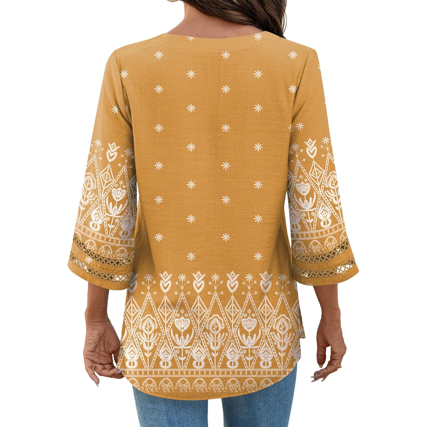 Women's Bohemian V-Neck Tunic Top Yellow Ethnic Print