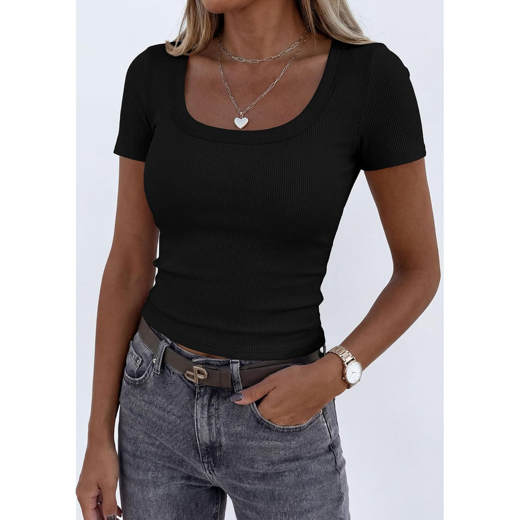 PRETTYGARDEN Scoop Neck Tops for Women 2026 Summer Basic Tees Trendy Short Sleeve Shirts Spring Casual Fitted Ribbed Tops
