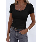 PRETTYGARDEN Scoop Neck Tops for Women 2026 Summer Basic Tees Trendy Short Sleeve Shirts Spring Casual Fitted Ribbed Tops