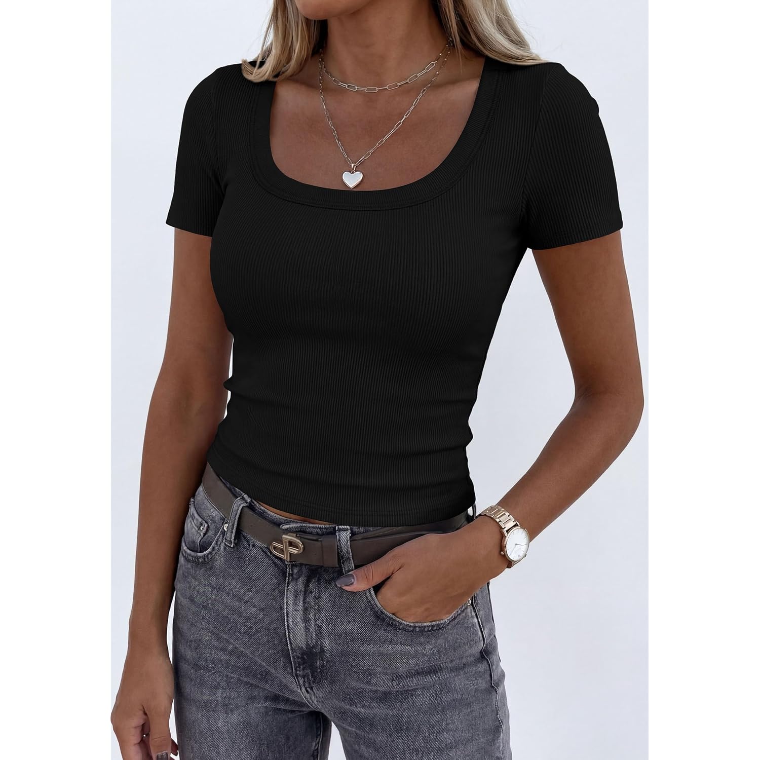 PRETTYGARDEN Scoop Neck Tops for Women 2026 Summer Basic Tees Trendy Short Sleeve Shirts Spring Casual Fitted Ribbed Tops