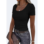 PRETTYGARDEN Scoop Neck Tops for Women 2026 Summer Basic Tees Trendy Short Sleeve Shirts Spring Casual Fitted Ribbed Tops