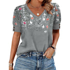 OFEEFAN Womens Tops Short Sleeve Shirts Buttons V Neck Spring Fashion Summer Outfits Plus Size Blouses Dressy Casual