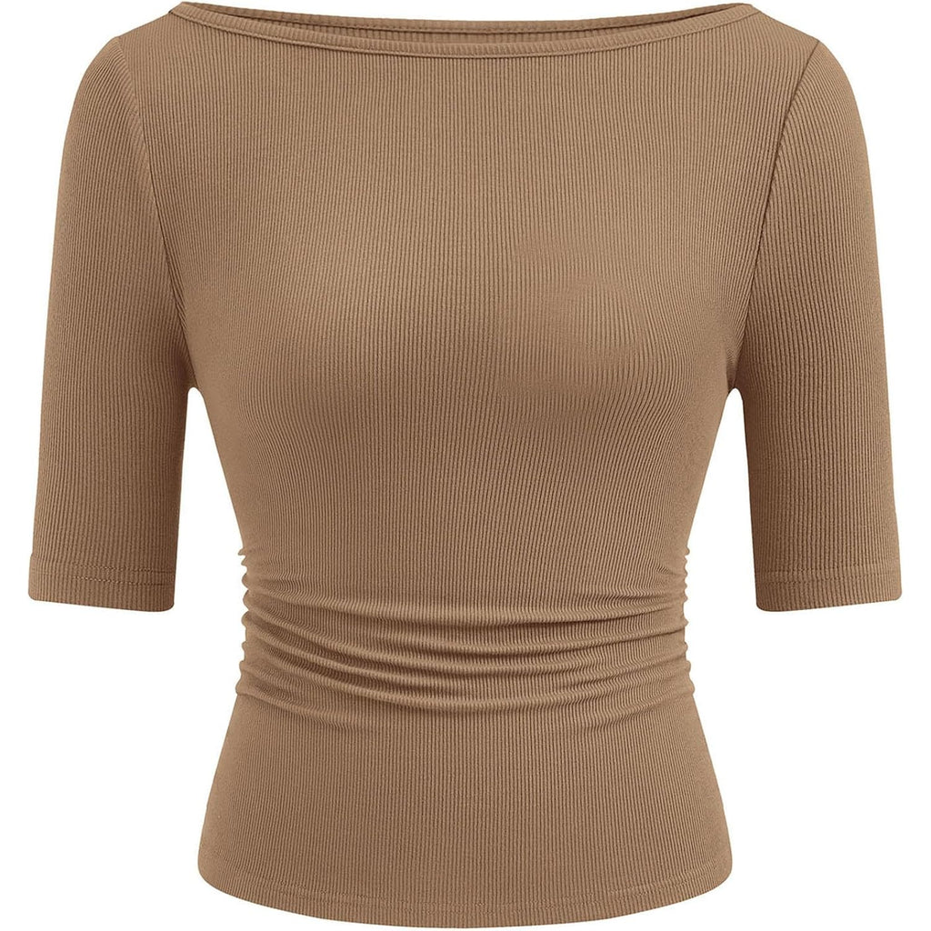 PRETTYGARDEN Womens Summer Short Sleeve Tops Boat Neck Ribbed Knit Slim Fit T Shirt Casual Basic Top 2026 Spring Clothes