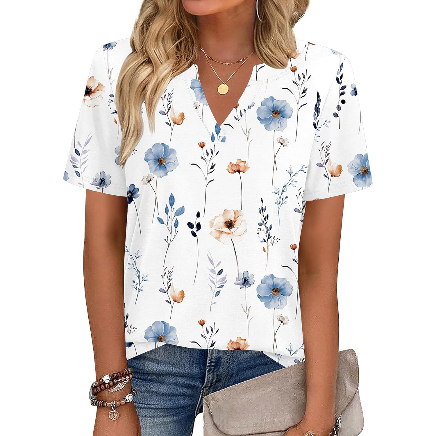 Women's Business Casual V-Neck Tunic Top White Flowers