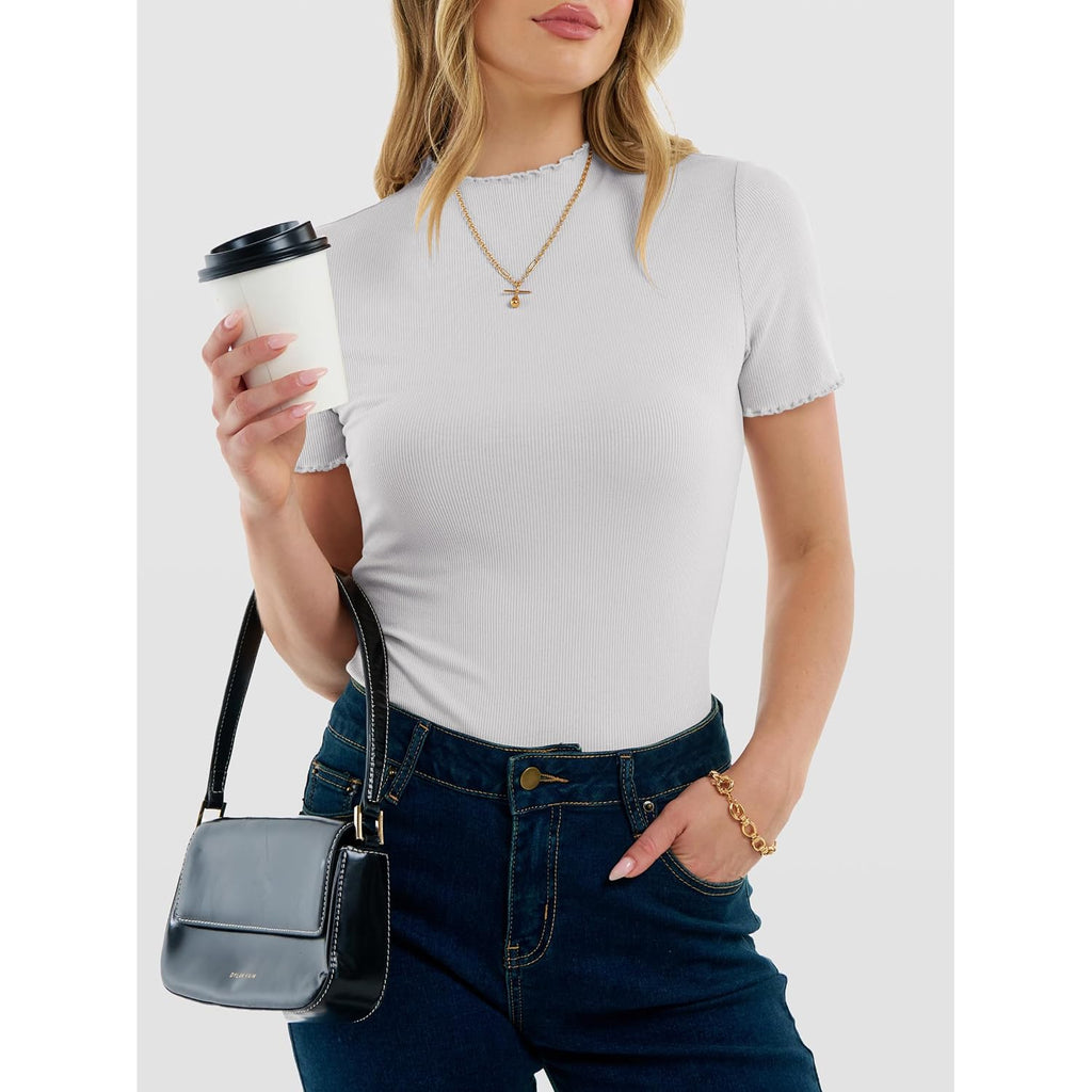 ANRABESS Women's Mock Neck Tops, Short Sleeve Fitted Tee, Soft Comfy Ribbed Tshirts, Summer Going Out Outfits for Daily& Work