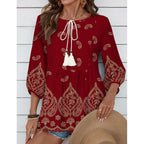 Women's Tie Front Boho Tunic Top Claret Red