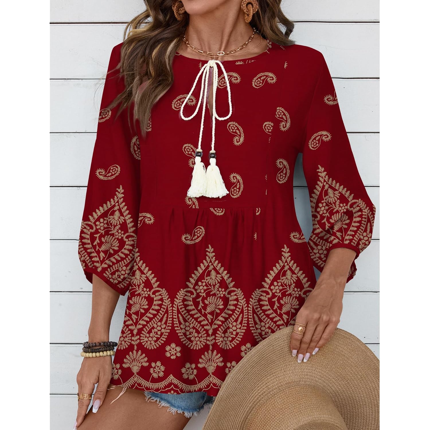 Women's Tie Front Boho Tunic Top Claret Red