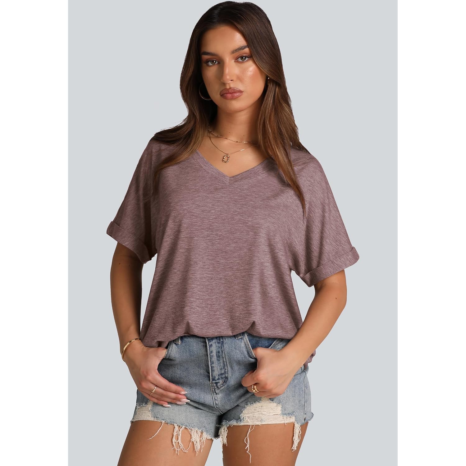 WIHOLL Womens Oversized Tshirts Summer Tops 2025 Short Sleeve V Neck Shirts Outfits Plus Size Clothes