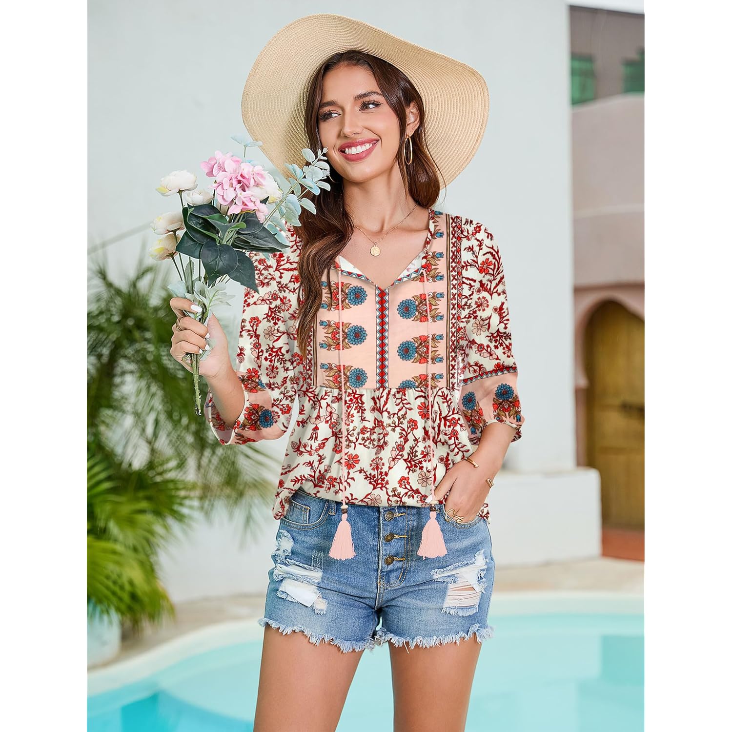 Women's Floral Boho Tunic Top Pink Floral