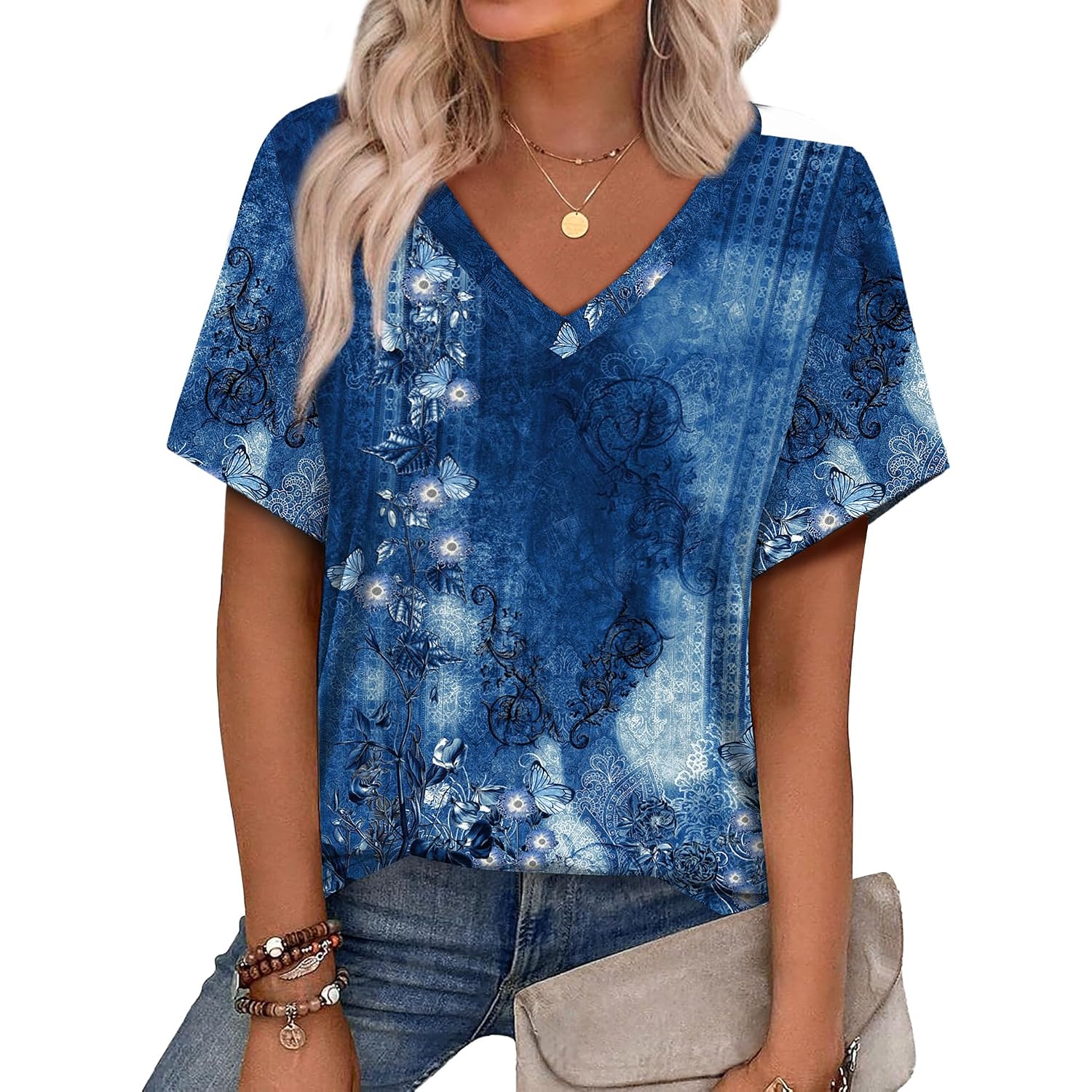 Alaroo Womens Summer Tops 2026 V Neck Short Sleeve Shirts Trendy Dressy Casual Vacation Outfits Printed
