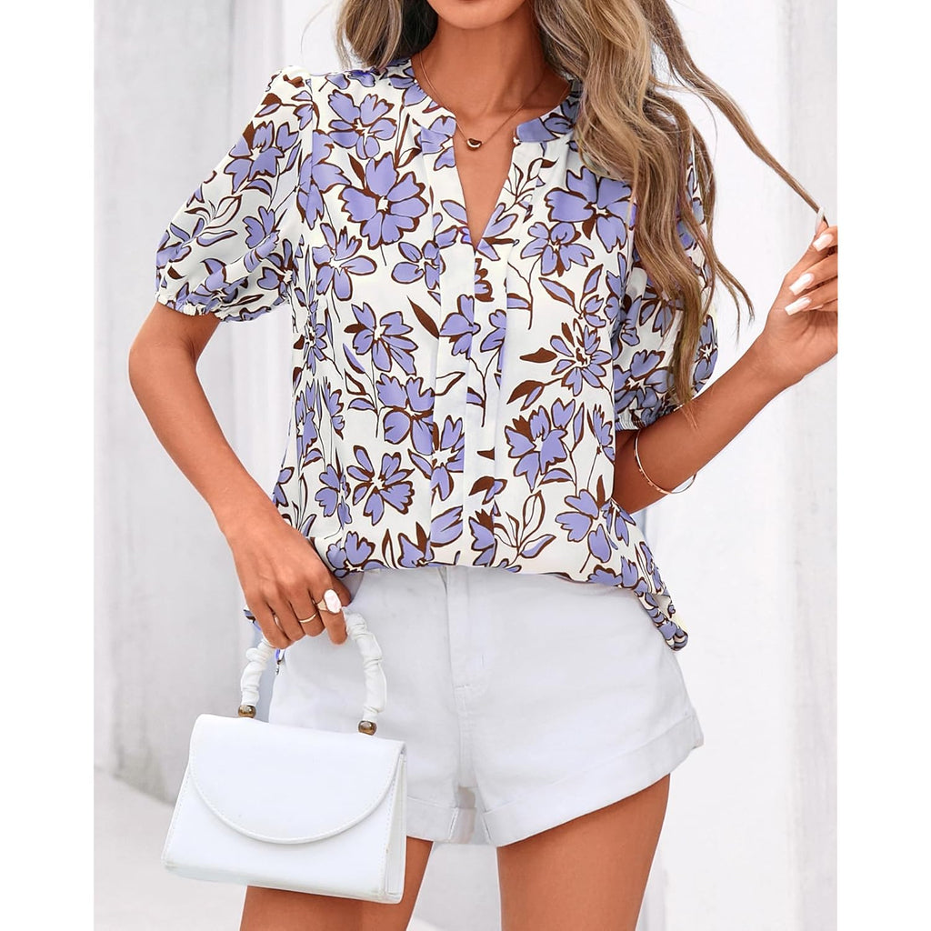 Women's Floral Satin Tunic Top White/Blue Floral