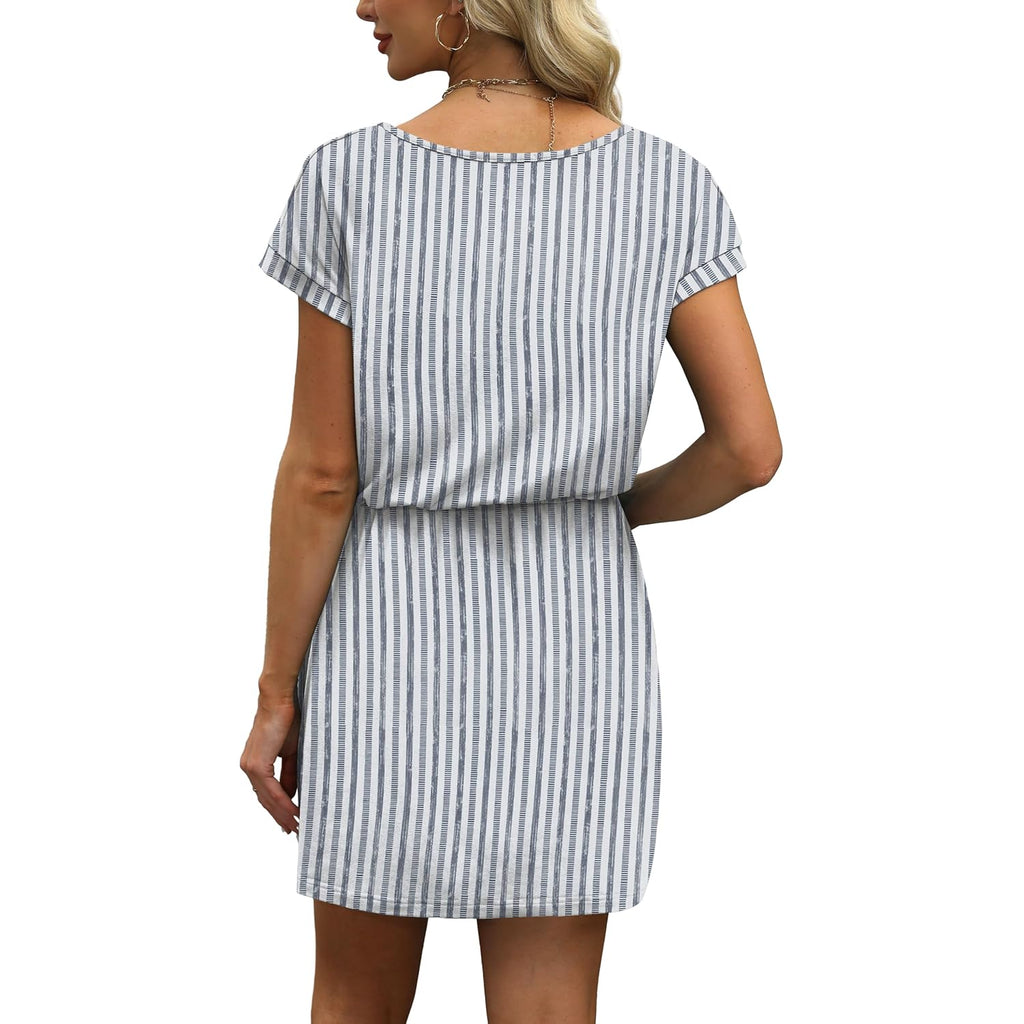 Women's Tie Waist Tunic Top Blue Vertical Stripes