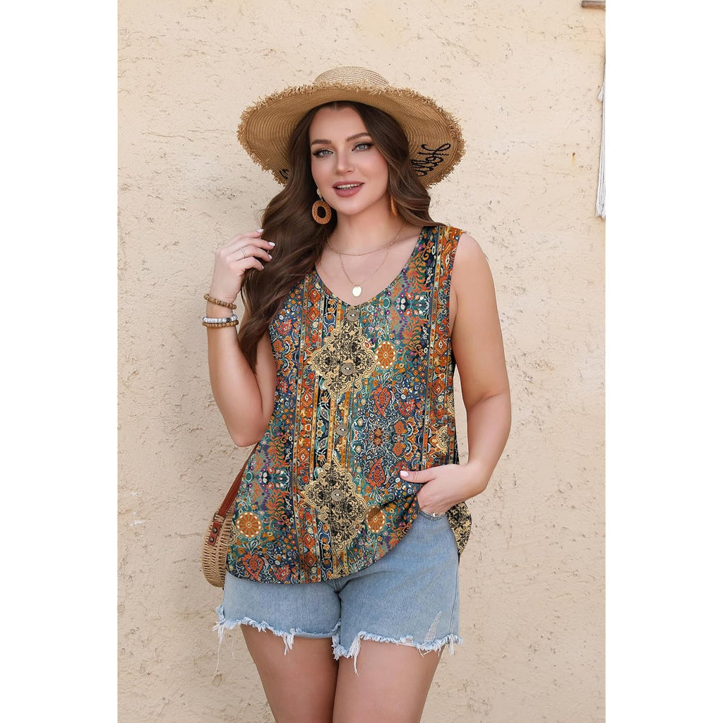 Women's Eyelet V-Neck Tank Top Orange Ethnic Floral