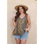 Women's Eyelet V-Neck Tank Top Orange Ethnic Floral