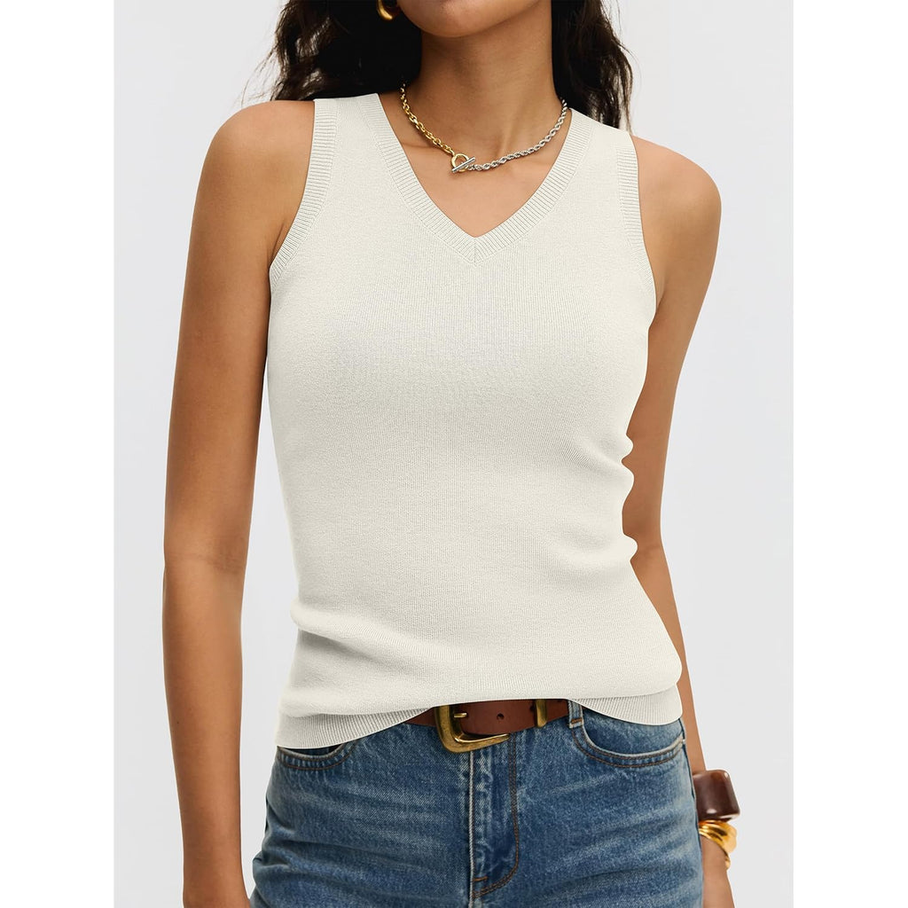 Women's V-Neck Sweater Knit Tank Top Cream White