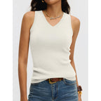 Women's V-Neck Sweater Knit Tank Top Cream White