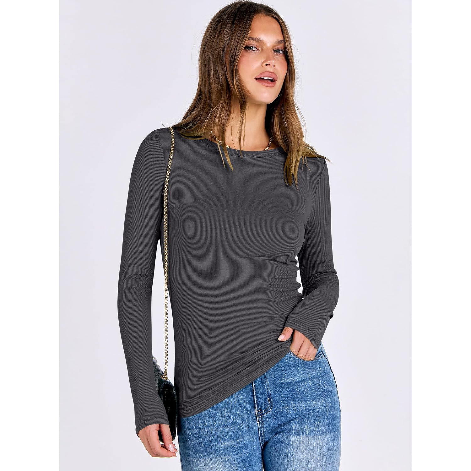 ANRABESS Women Long Sleeve Shirts Rib Knit Slim Fit Tops Basic Tee Spring Outfits Casual T-Shirt Underscrubs Layer Clothes