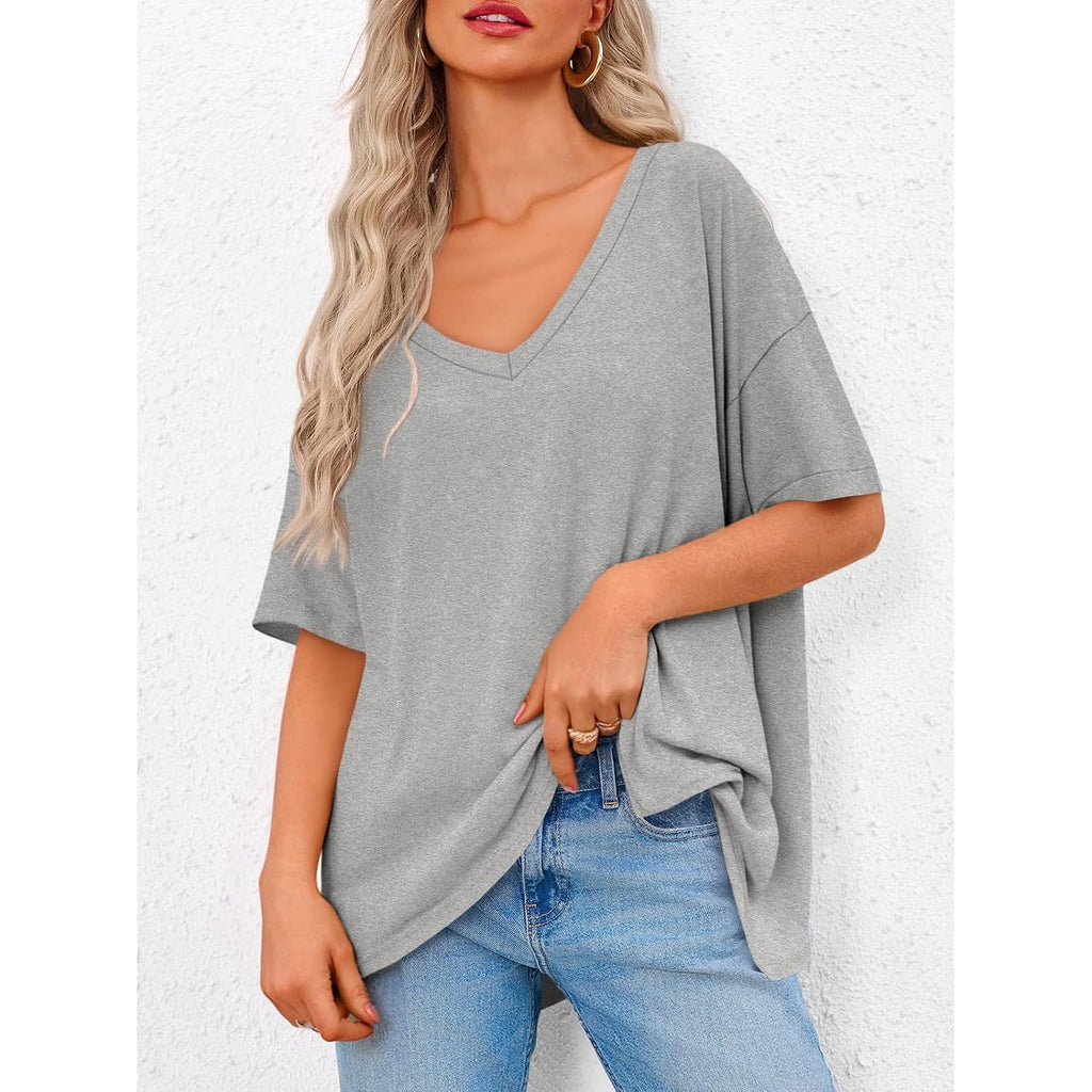 Tankaneo Womens Oversized Tshirts V Neck Short Sleeve Tops Summer Casual Loose Fit Tunic Tee Shirts