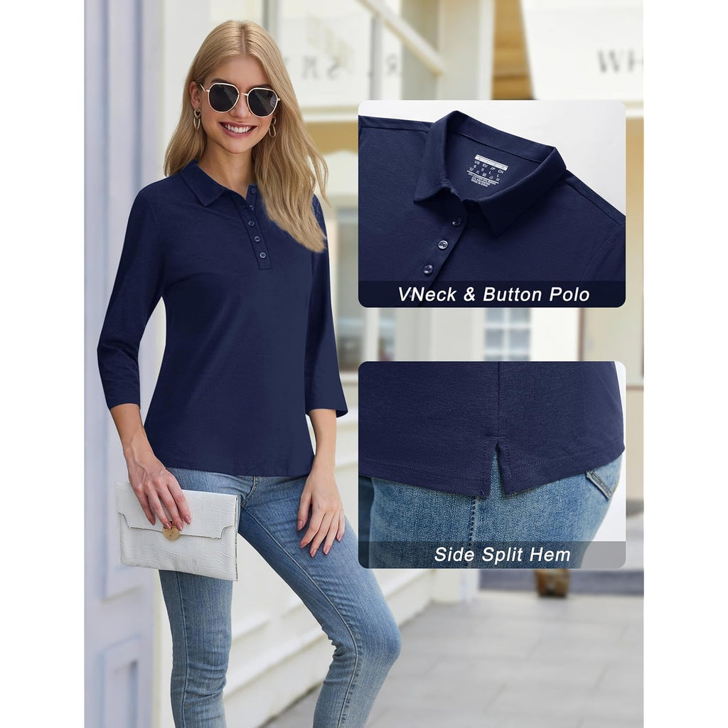Women's 5-Button Cotton Polo Shirt Navy Blue