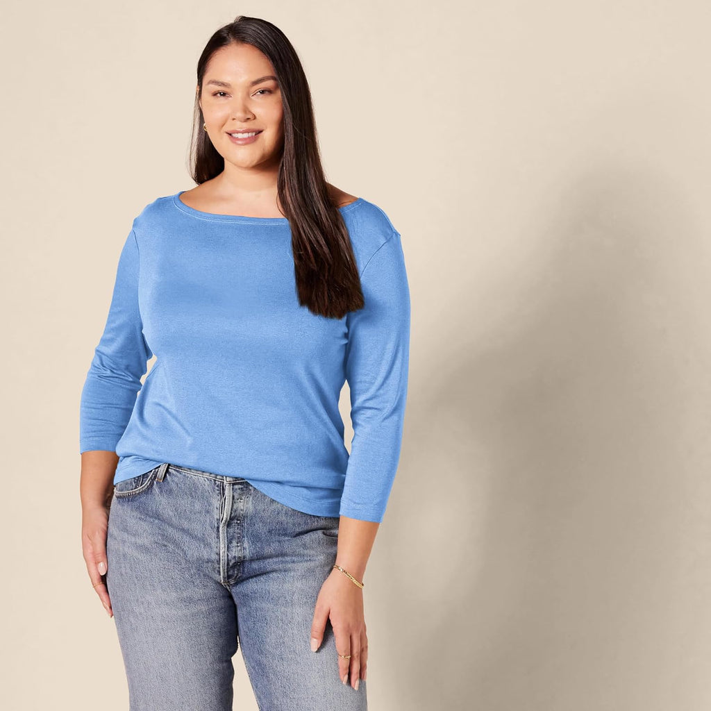 Amazon Essentials Women's Slim-Fit 3/4 Sleeve Boat Neck Cotton Modal Micro Rib T-Shirt