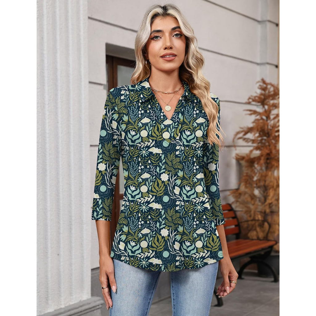 Women's 3/4 Sleeve Collared Polo Shirt Navy Blue Floral