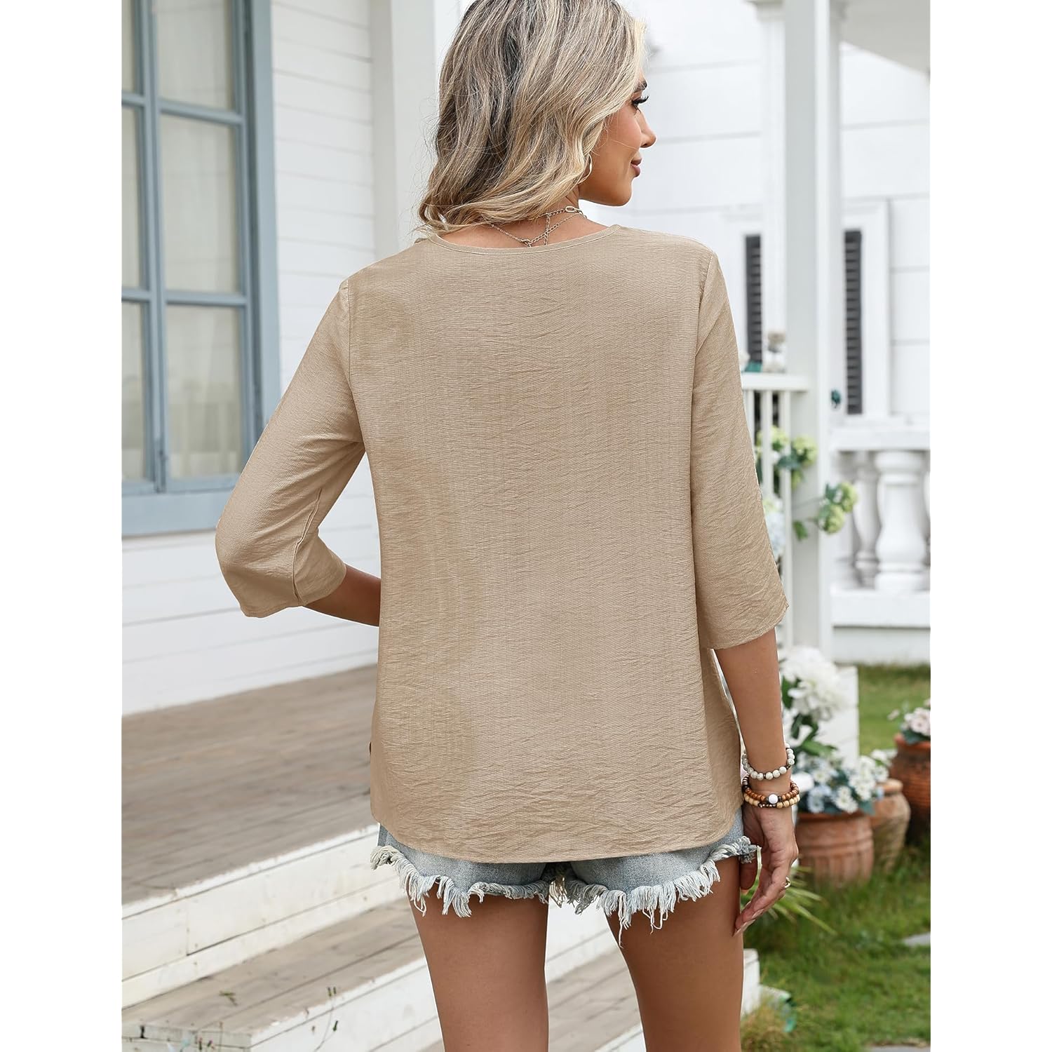 Women's Boho Lace V-Neck Tunic Top Light Khaki