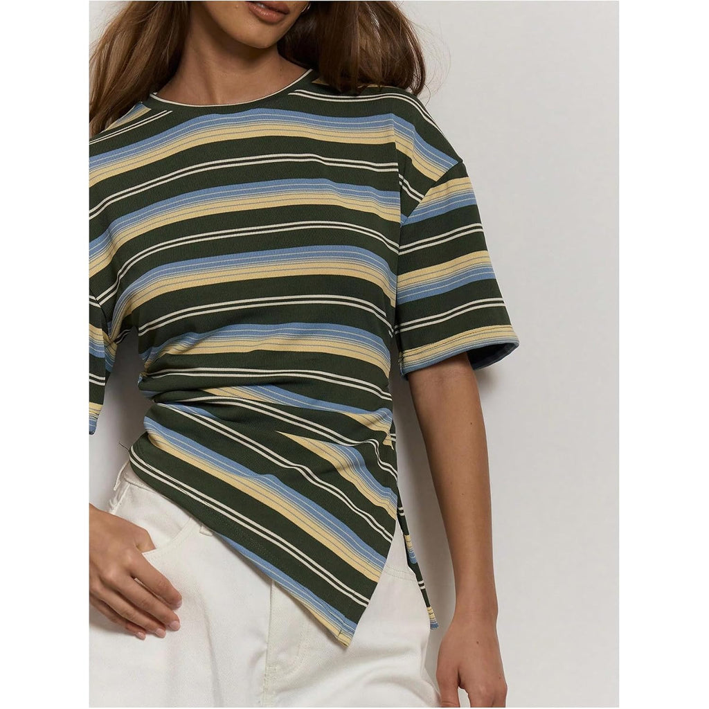 SOLY HUX Women's Striped T Shirt Short Sleeve Split Asymmetrical Hem Tee Casual Summer Tops