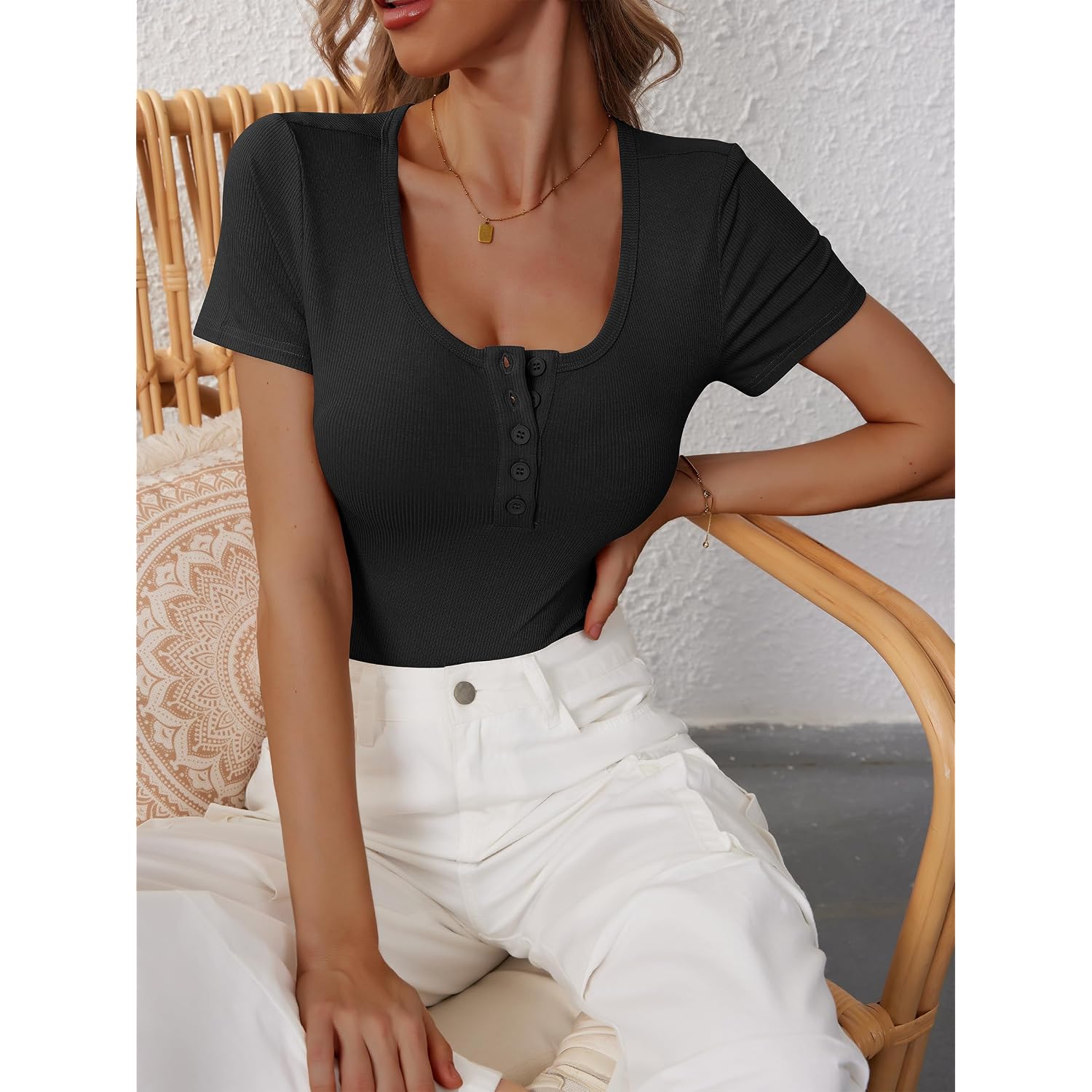ANRABESS Womens Short Sleeve Henley Shirts Ribbed Slim Fitted Tee Summer Work Tops 2026 Button Blouse Spring Vacation Clothes